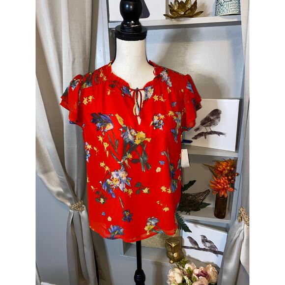 CeCe NWT $79 size Small Island Oasis Color 691 Fiery Red Lined Cap Sleeve Blouse - Picture 1 of 11